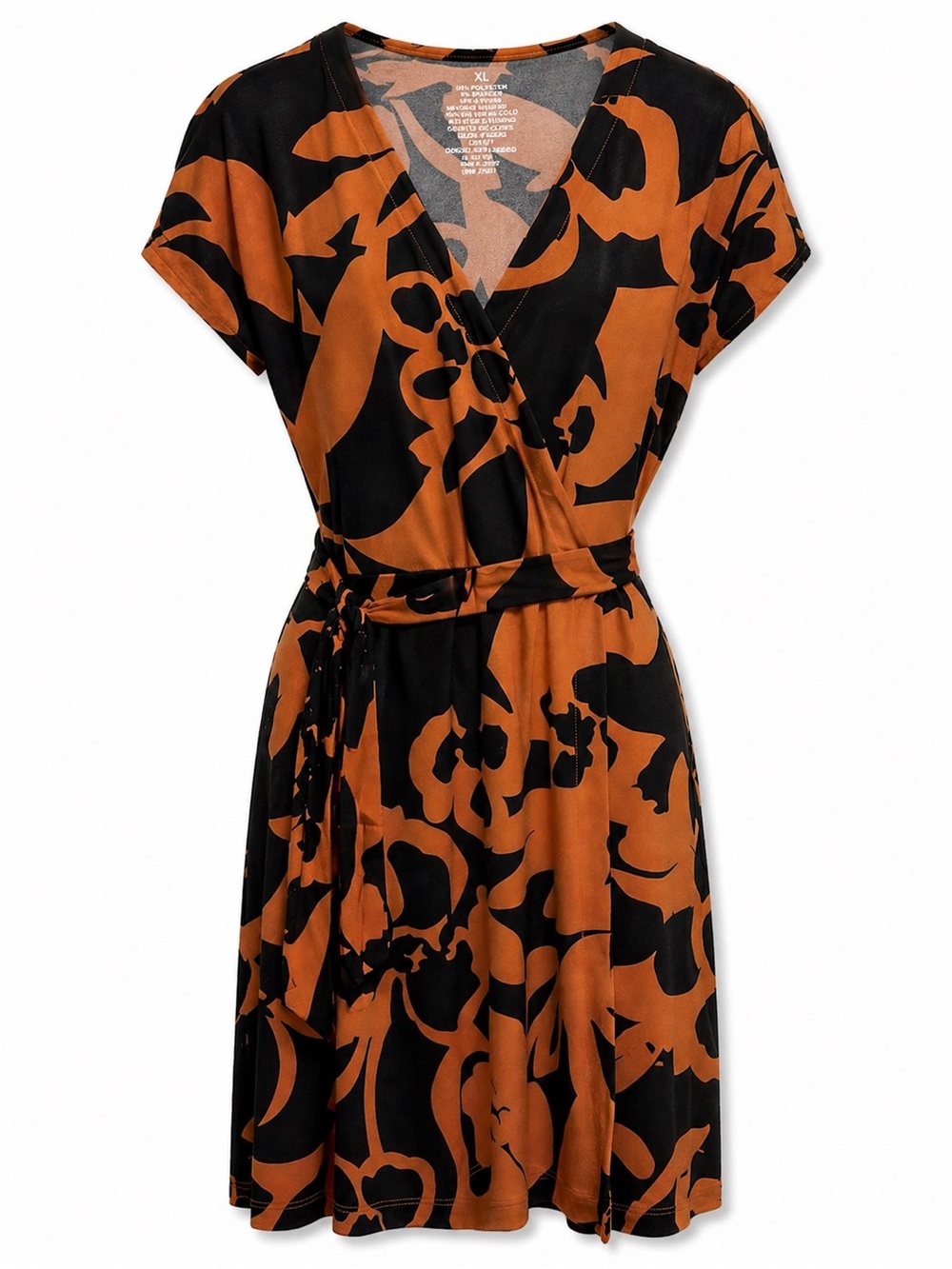 Nine West XL Wrap Dress Black Rust Floral Belted V-Neck Short Dolman Sleeve